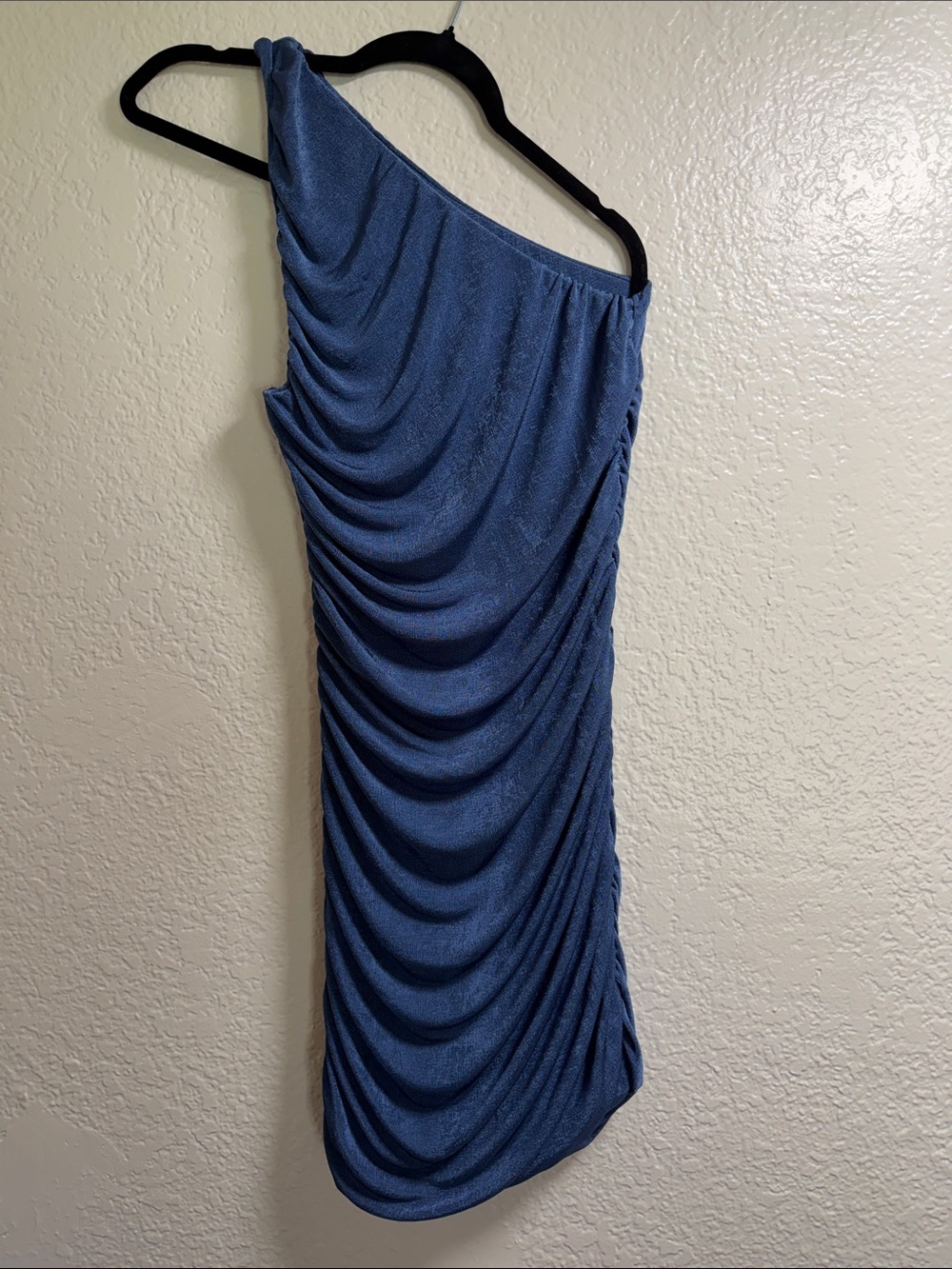 Ruched One-Shoulder Dress in Denim Blue
